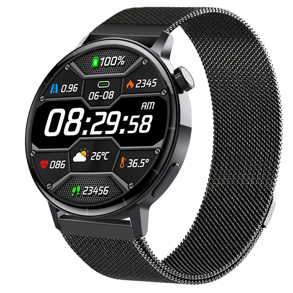 F67S smart watch with blood glucose monitoring on wrist showing touch screen display