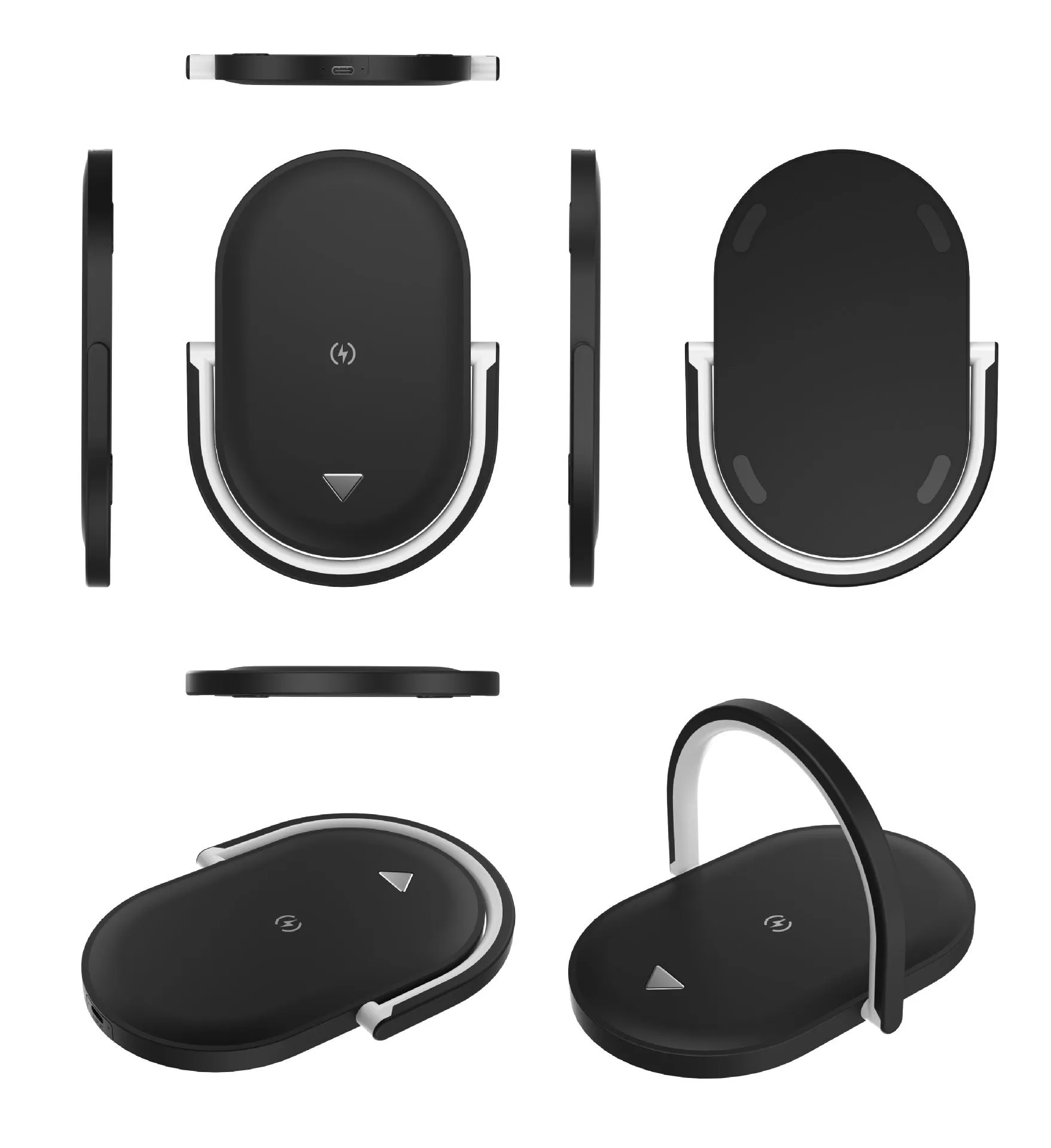 Black wireless charging pad with integrated phone holder and night light, showing 15W fast charging capability