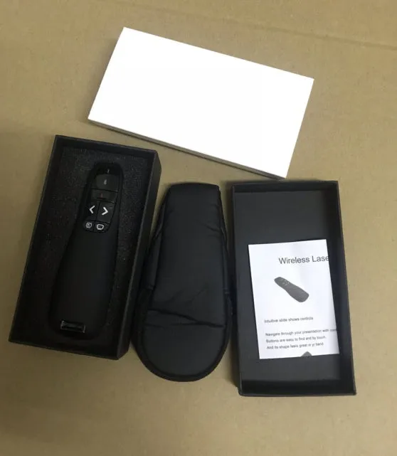 Black wireless presenter pen with laser pointer and slide control buttons next to its small USB receiver.