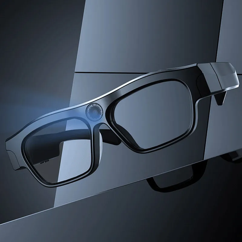 Black head-mounted smart glasses with a video recorder, showing touch controls on the frame.