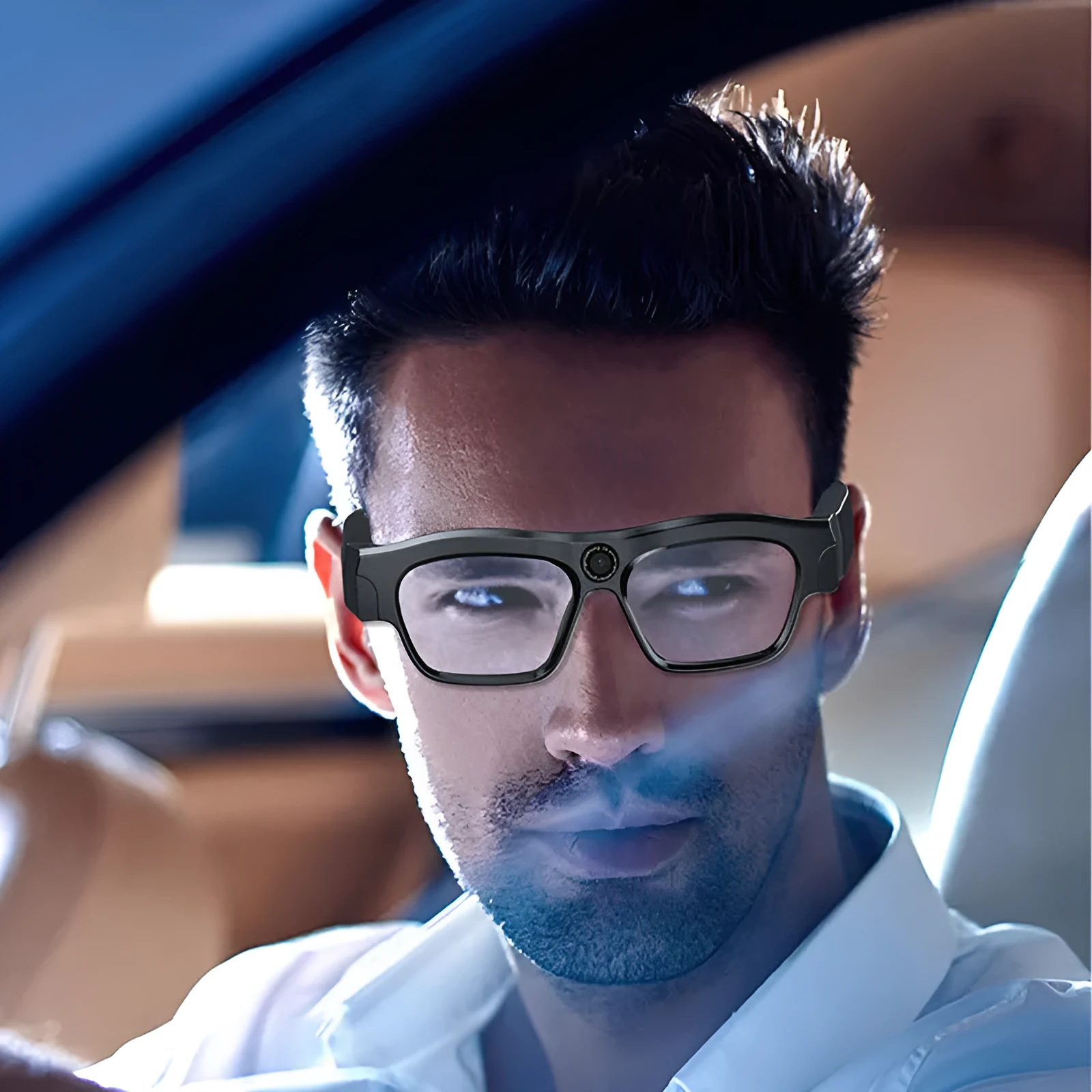 Black head-mounted smart glasses with a video recorder, showing touch controls on the frame.