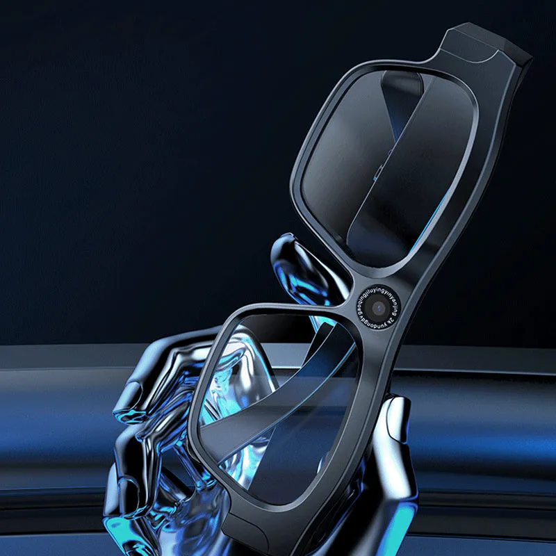Black head-mounted smart glasses with a video recorder, showing touch controls on the frame.