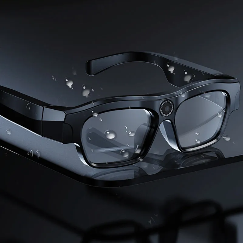 Black head-mounted smart glasses with a video recorder, showing touch controls on the frame.