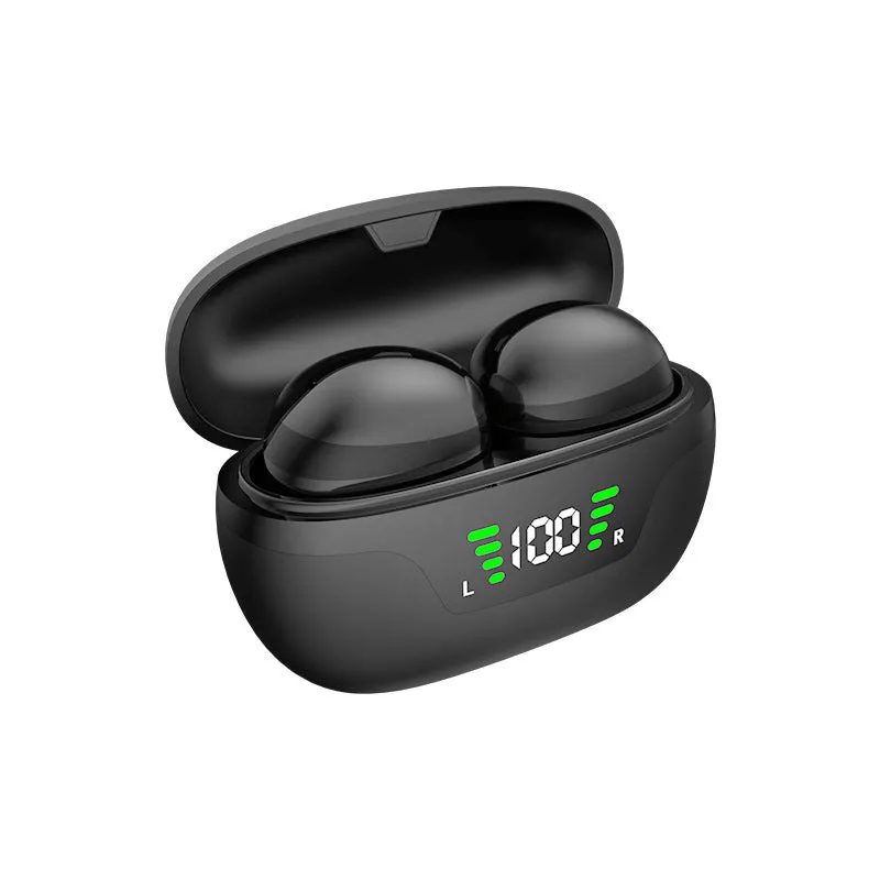 Black super mini wireless Bluetooth in-ear headset with digital display screen showing battery and connection status