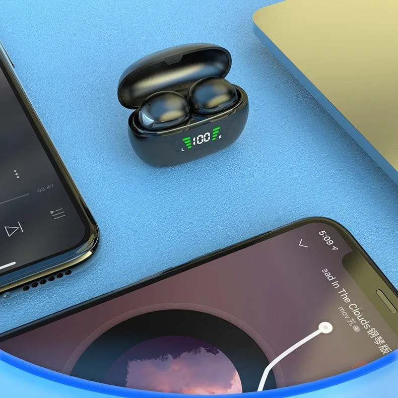 Black super mini wireless Bluetooth in-ear headset with digital display screen showing battery and connection status