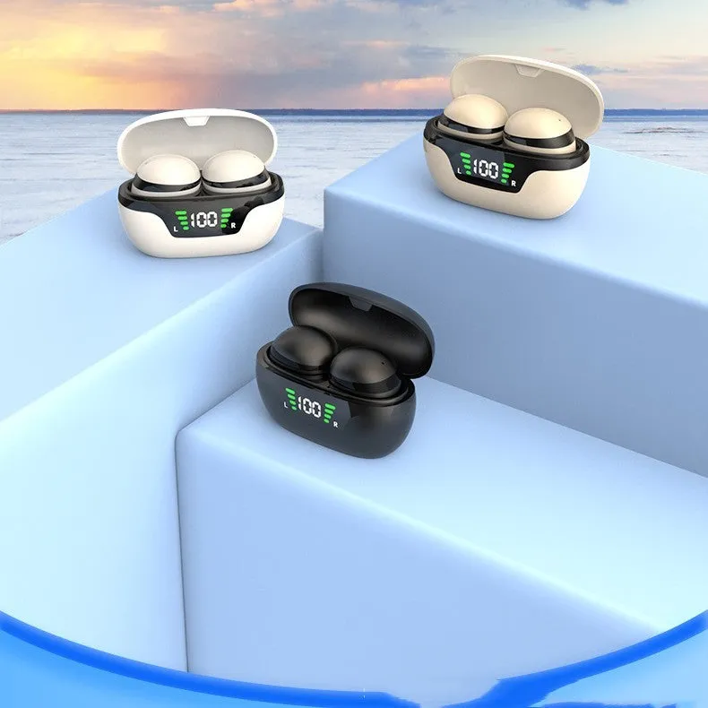 Black super mini wireless Bluetooth in-ear headset with digital display screen showing battery and connection status