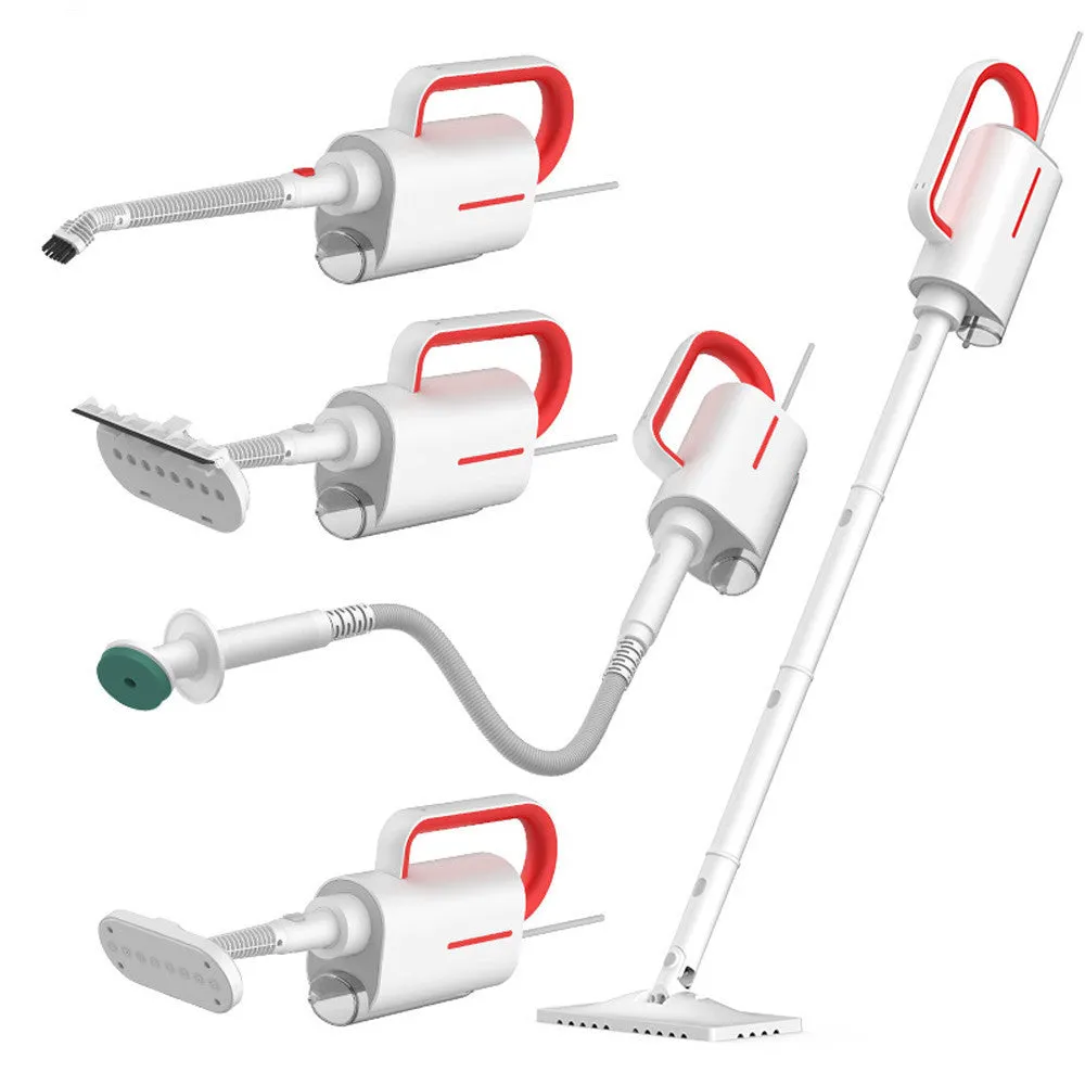 Deerma DEM-ZQ610 white steam cleaner with brush heads and glass scraper on a grey surface