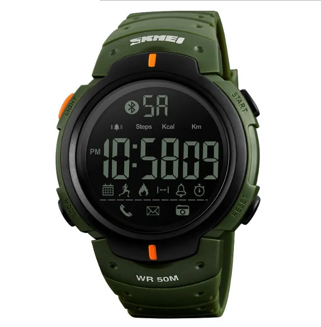 Black and army green Bluetooth smart watch with 50mm resin mirror dial on PU strap