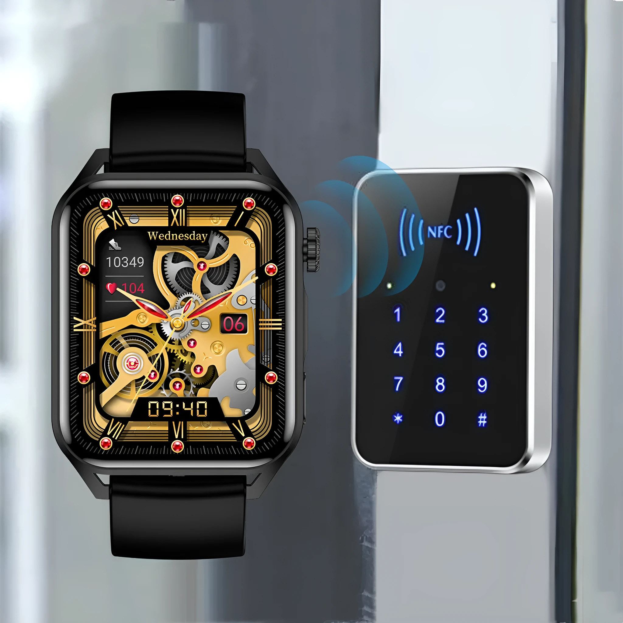 Pink AMOLED NFC smart watch on a silicone strap, showing a colourful watch face on its 1.8-inch screen.