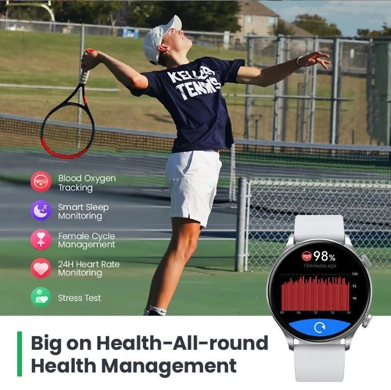 Black Bluetooth smartwatch with circular AMOLED display showing fitness stats