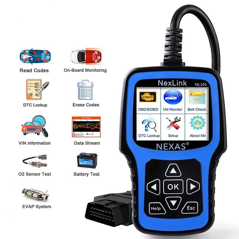 Nexas NL101 OBD2 car diagnostic scanner and code reader on a table
