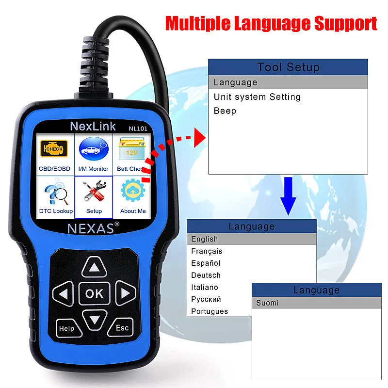 Nexas NL101 OBD2 car diagnostic scanner and code reader on a table