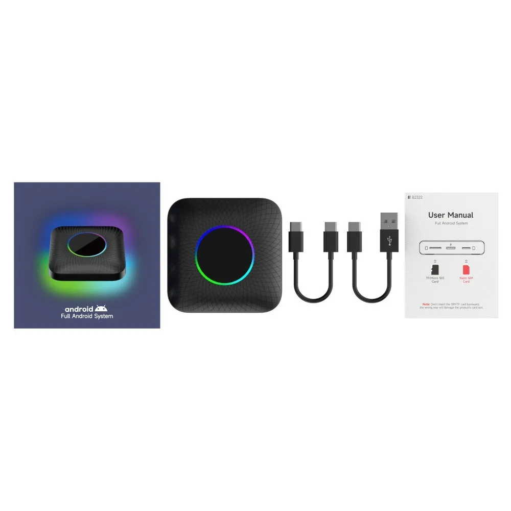Tbox-Led Wireless CarPlay adapter with Android 13 system showing compact dimensions and connection ports