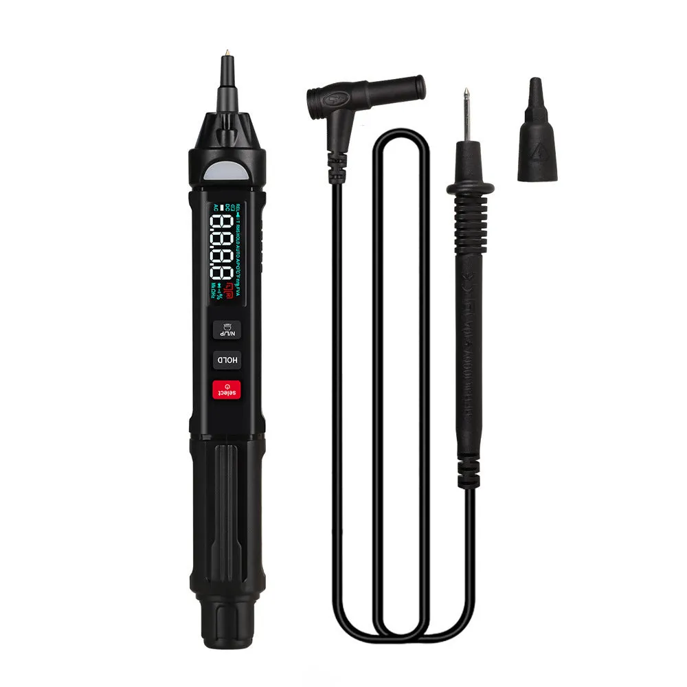 ET8906 ET8908 handheld digital multimeter with test leads on a workbench.