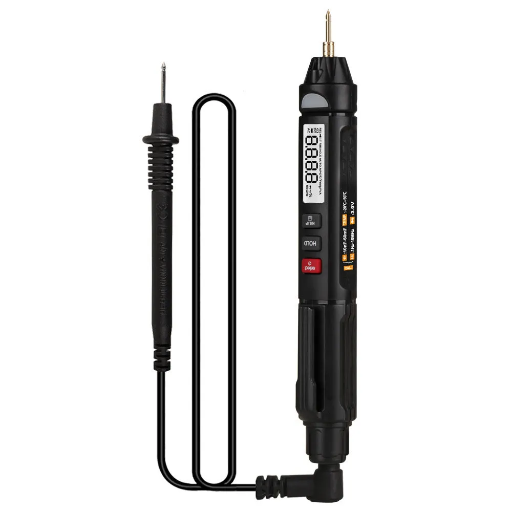 ET8906 ET8908 handheld digital multimeter with test leads on a workbench.