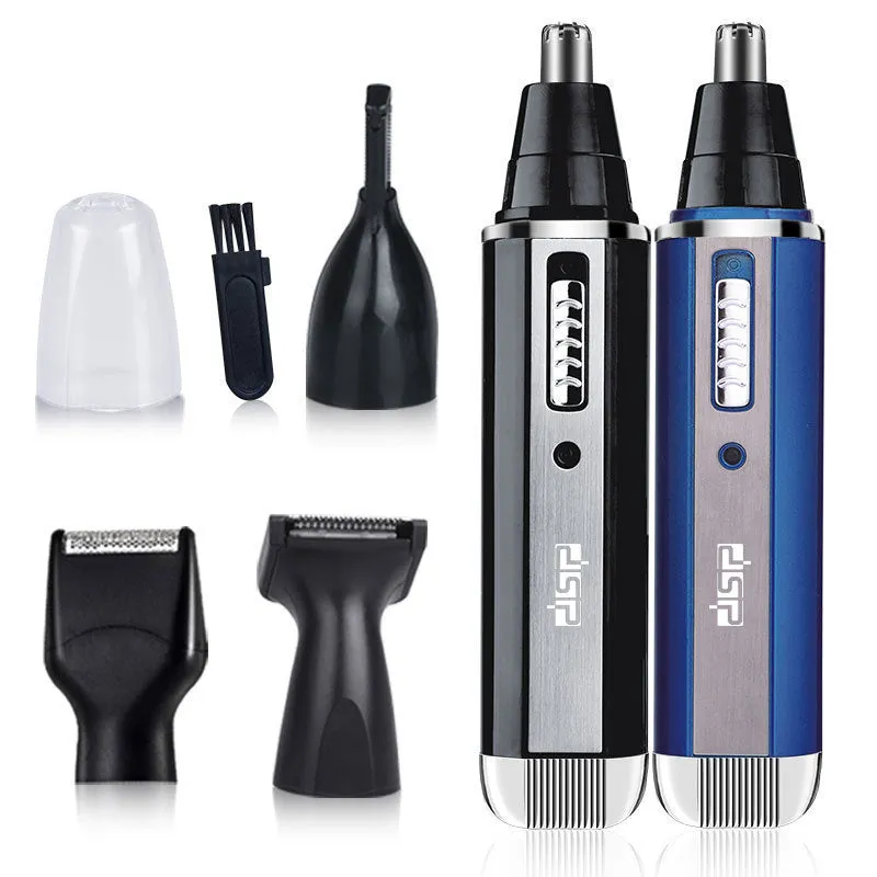 Blue electric shaver with multiple trimming attachments for nose hair, sideburns, and eyebrows.