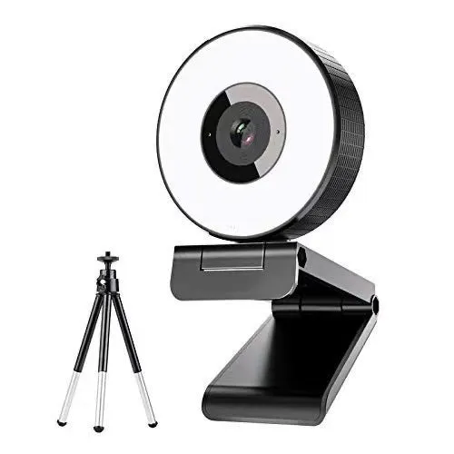 Black high-definition USB webcam with built-in fill light for video conferencing on a PC.