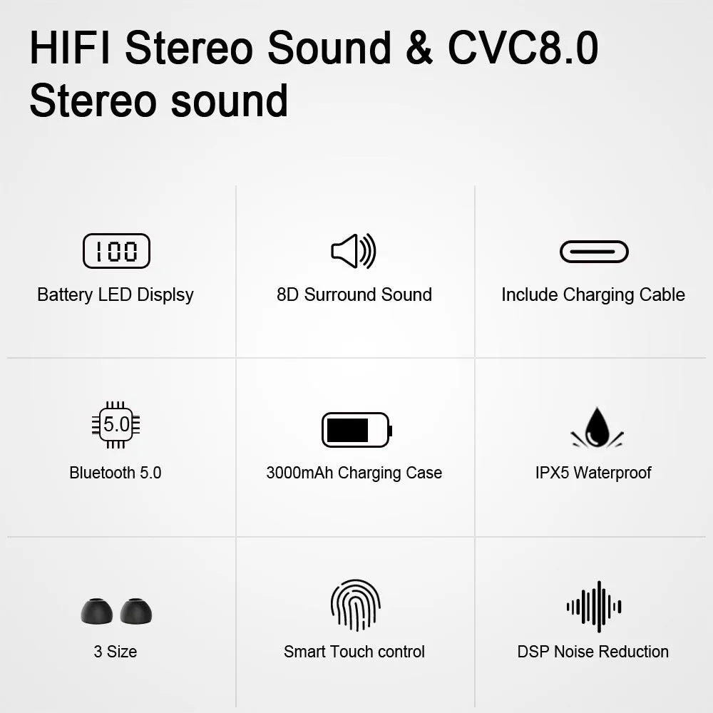 Black TWS Bluetooth wireless earbuds with 15m range and stereo sound
