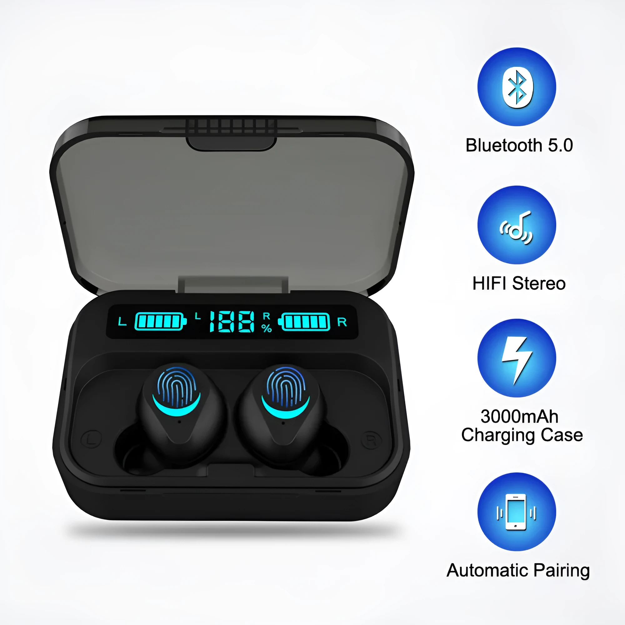Black TWS Bluetooth wireless earbuds with 15m range and stereo sound