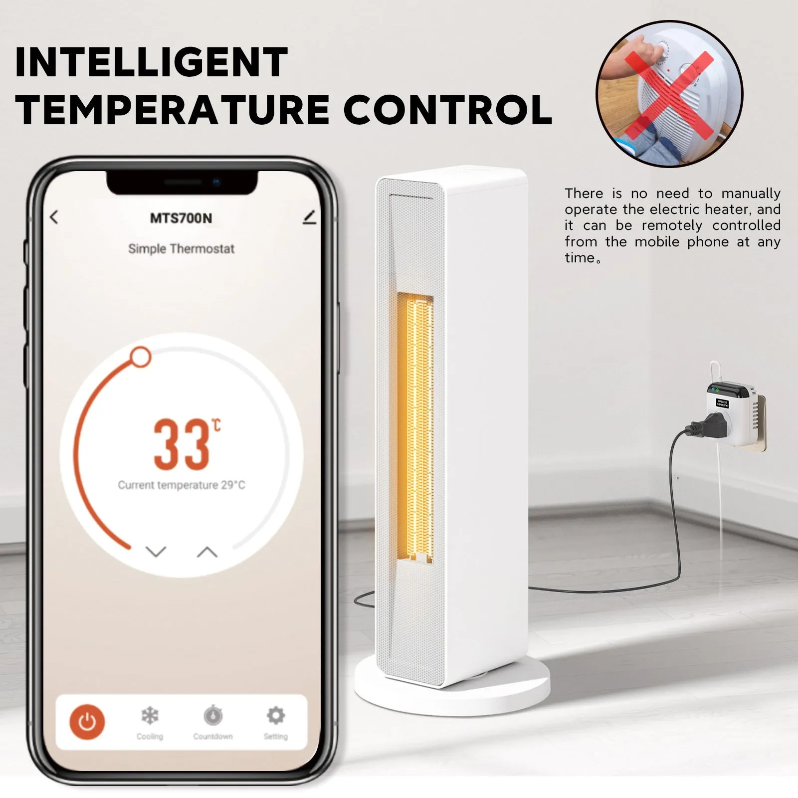White smart socket with thermostatic remote and voice control, two EU plug outlets