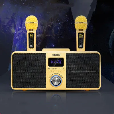 Black home KTV Bluetooth speaker with two wireless microphones for karaoke