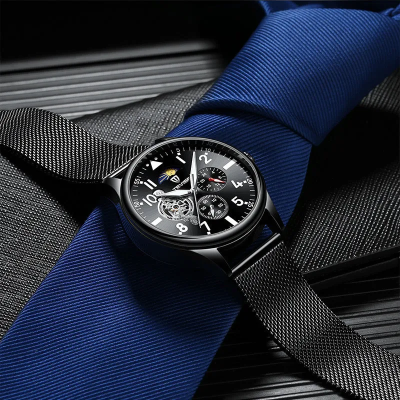 Men's black mechanical watch with moon phase dial and luminous hands on alloy case