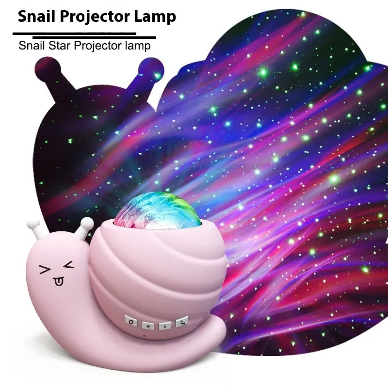 Snail-shaped starry sky projection lamp in blue, black, pink, or white with remote control.