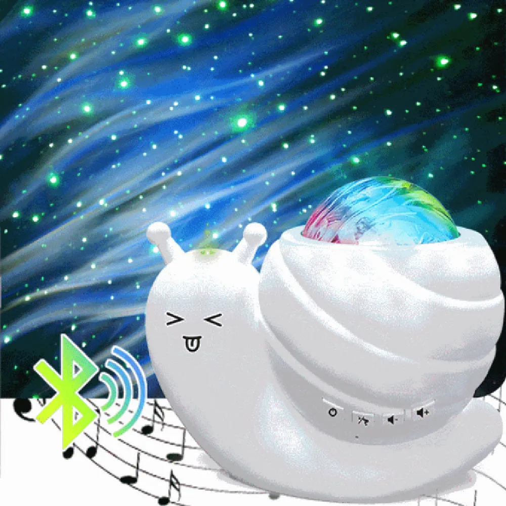 Snail-shaped starry sky projection lamp in blue, black, pink, or white with remote control.
