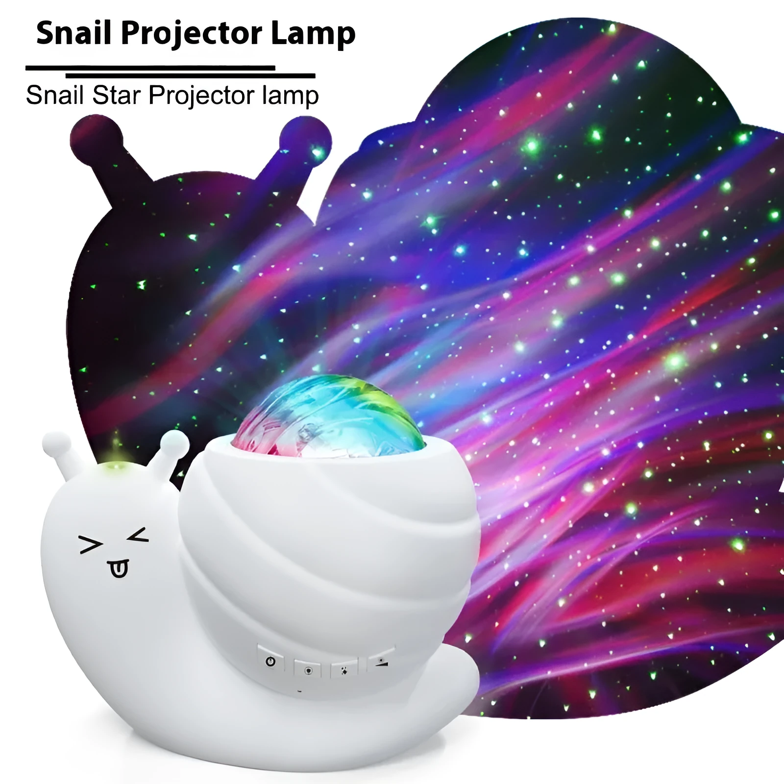 Snail-shaped starry sky projection lamp in blue, black, pink, or white with remote control.