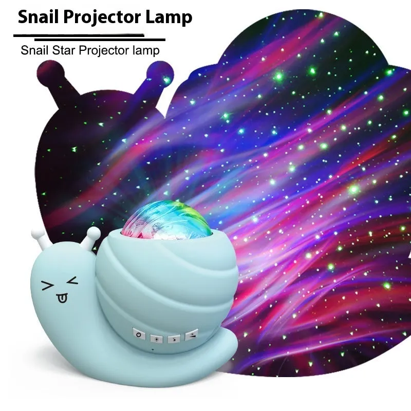 Snail-shaped starry sky projection lamp in blue, black, pink, or white with remote control.