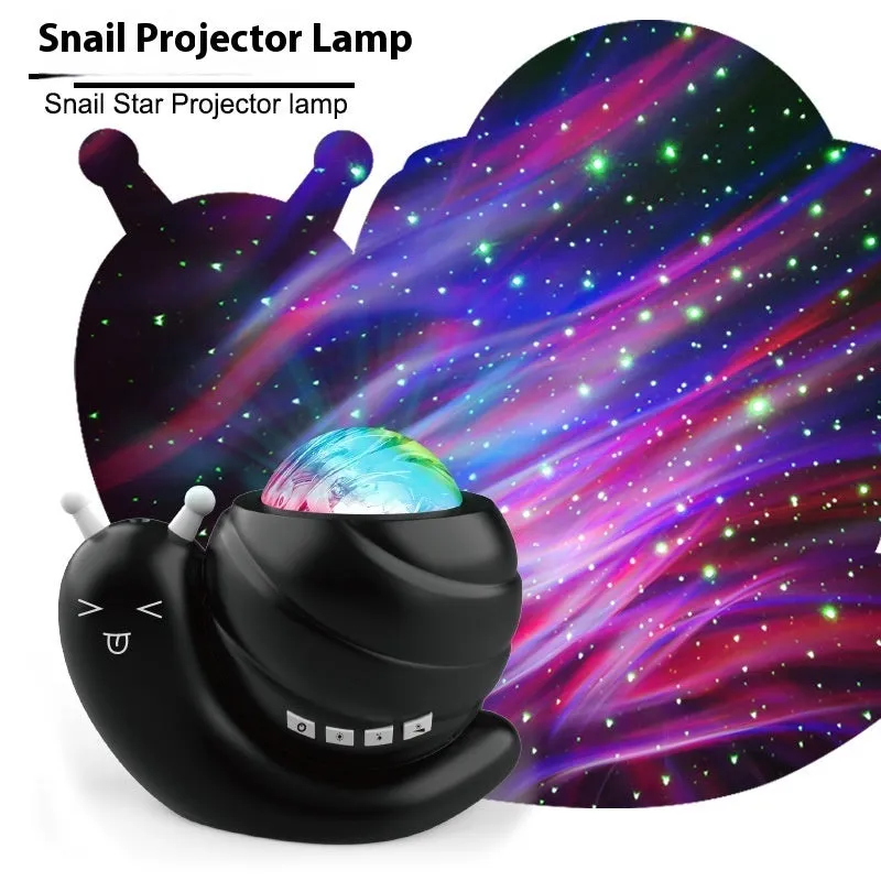 Snail-shaped starry sky projection lamp in blue, black, pink, or white with remote control.