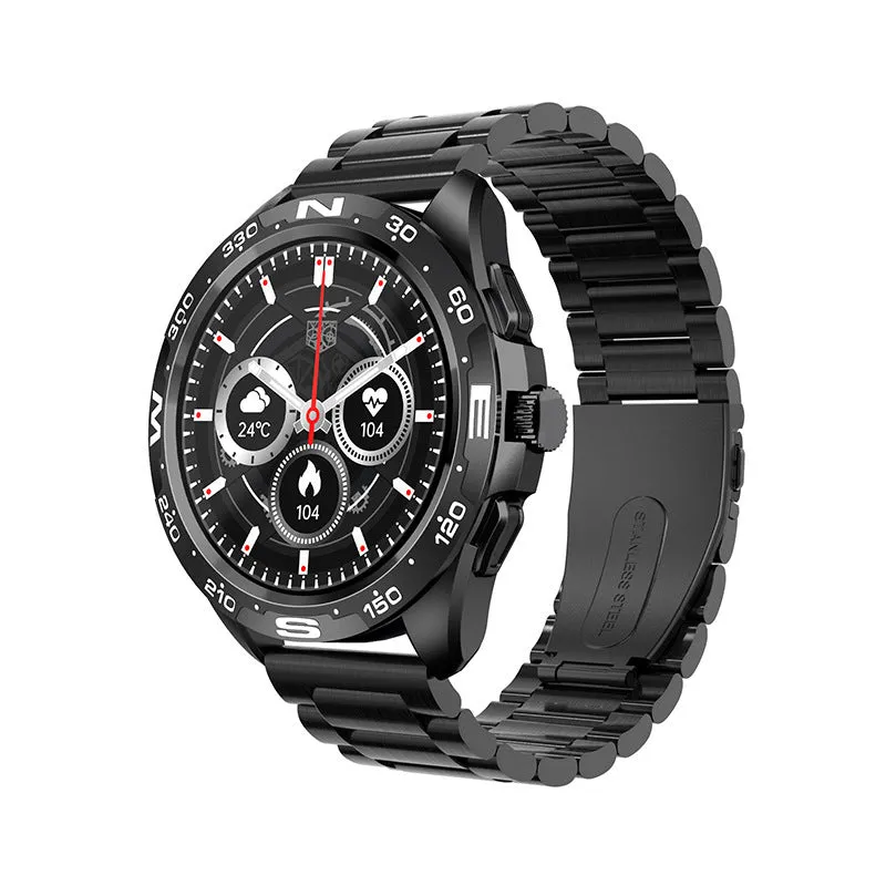 Smart watch with circular touch screen showing health metrics on adjustable silicone wristband