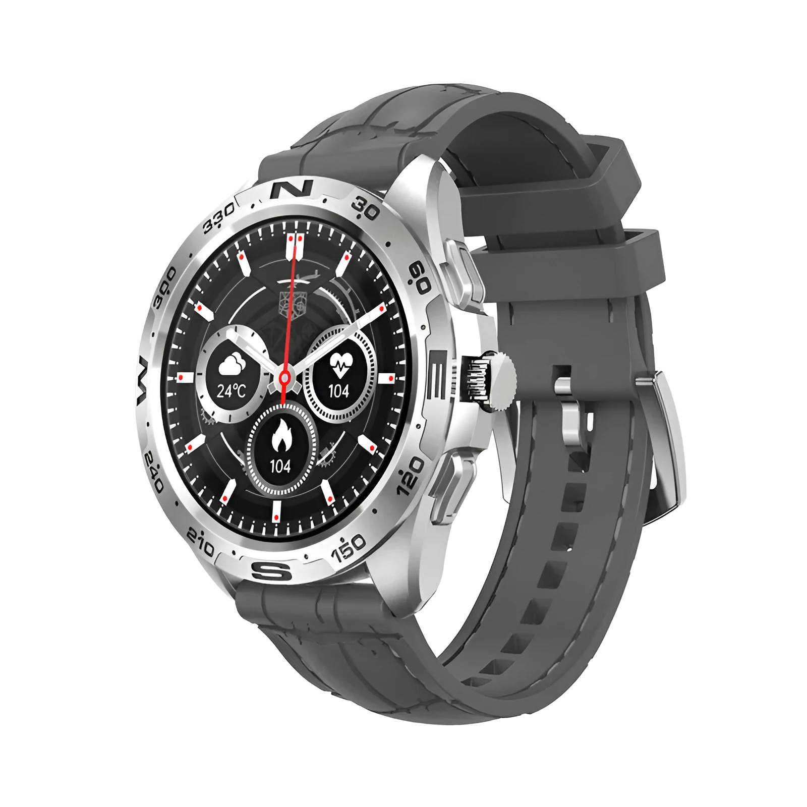 Smart watch with circular touch screen showing health metrics on adjustable silicone wristband