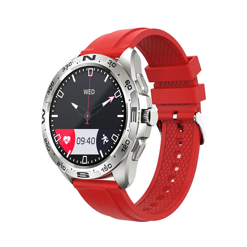 Smart watch with circular touch screen showing health metrics on adjustable silicone wristband