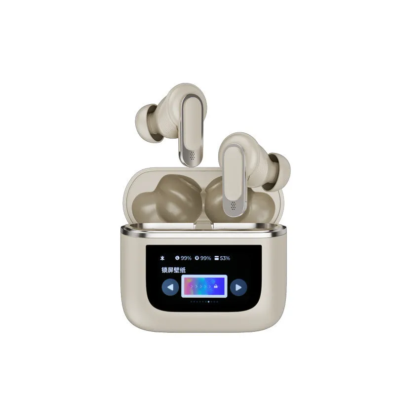 Close-up of a black in-ear Bluetooth headset with a small touch screen on the earpiece.