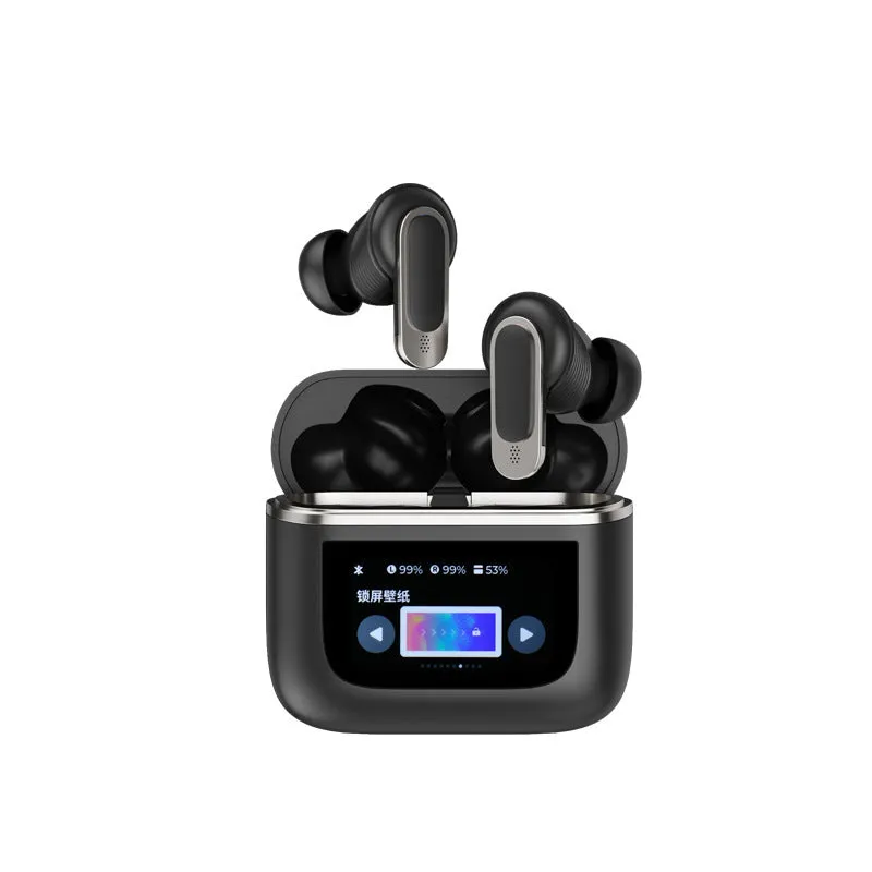 Close-up of a black in-ear Bluetooth headset with a small touch screen on the earpiece.
