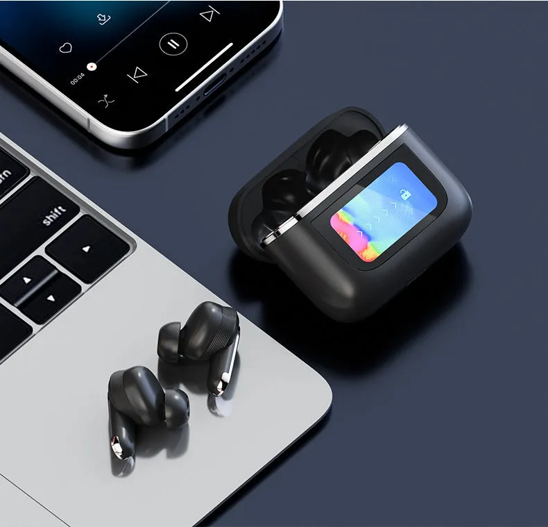 Close-up of a black in-ear Bluetooth headset with a small touch screen on the earpiece.