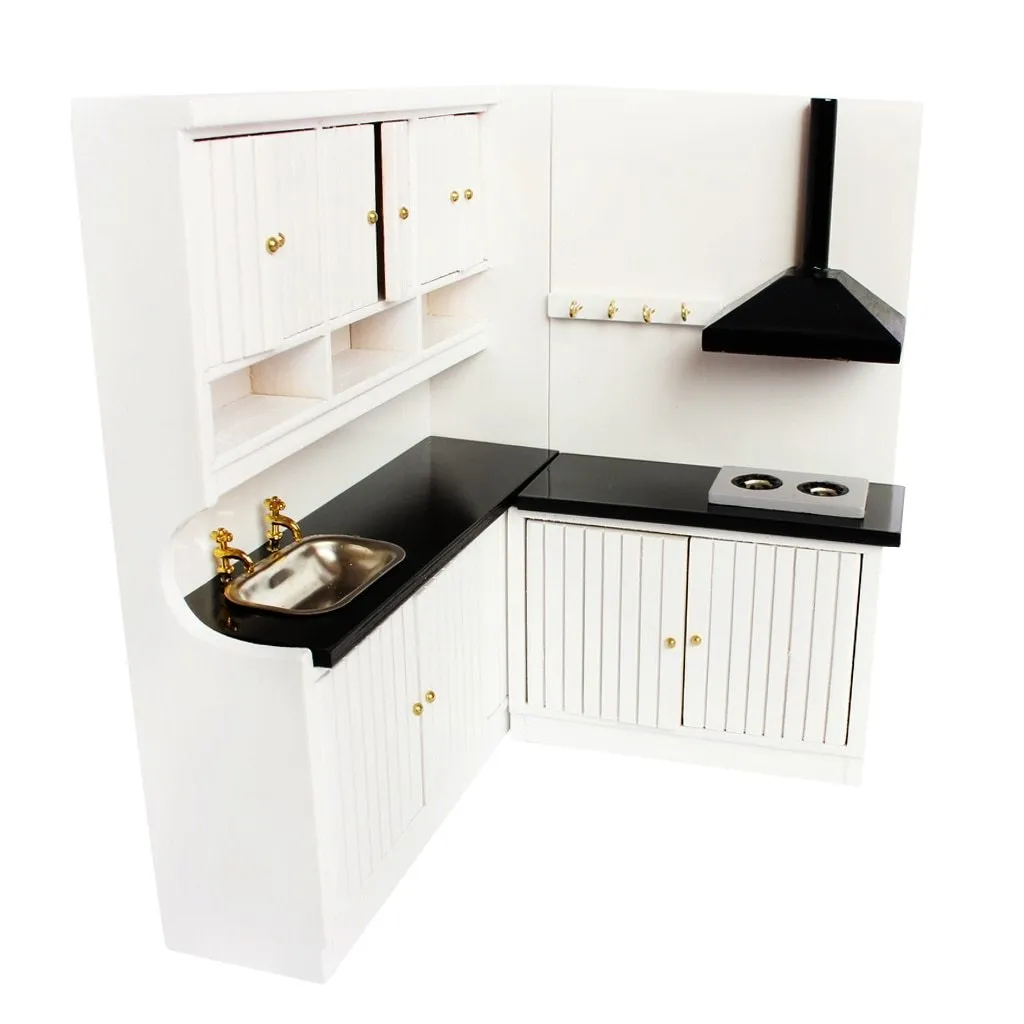 White European-style dollhouse kitchen cabinets with working doors and round metal handles