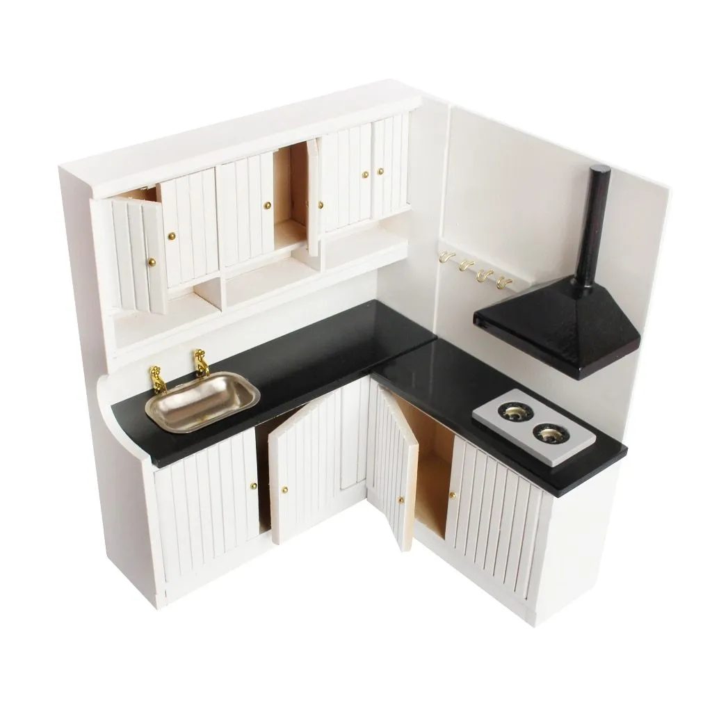 White European-style dollhouse kitchen cabinets with working doors and round metal handles