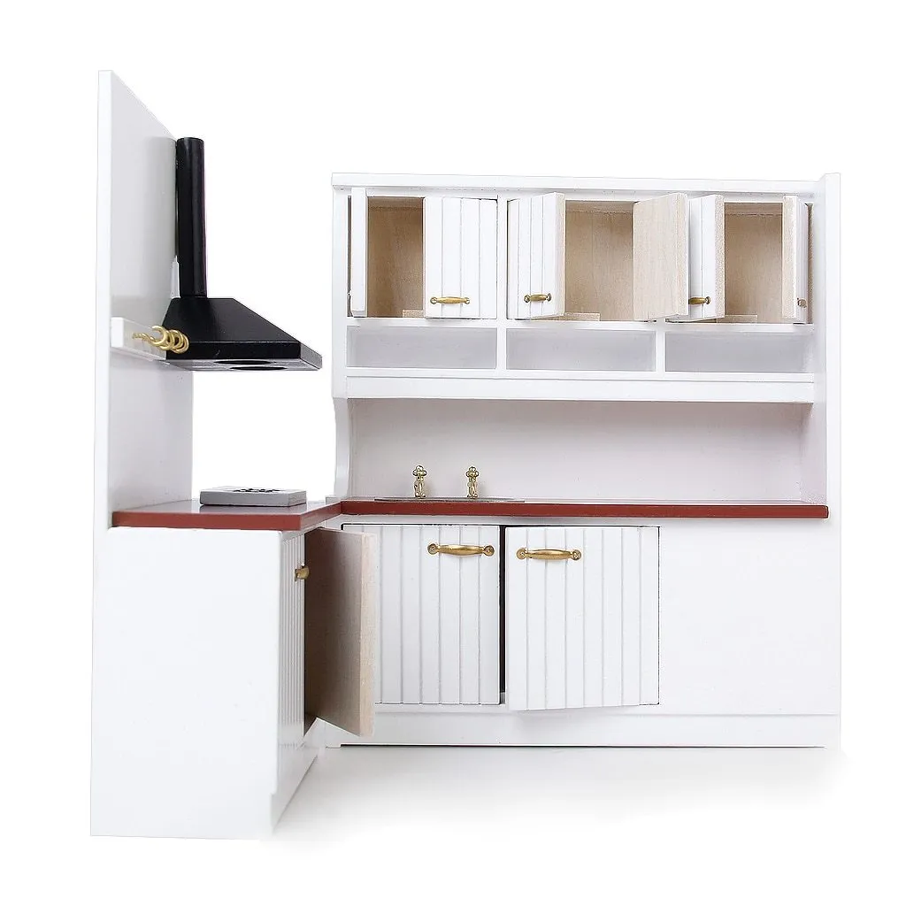 White European-style dollhouse kitchen cabinets with working doors and round metal handles