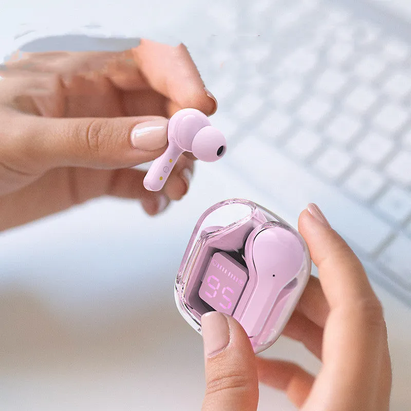 Wireless Bluetooth headphones with LED battery display in pink, grey, blue, green colours with silicone case