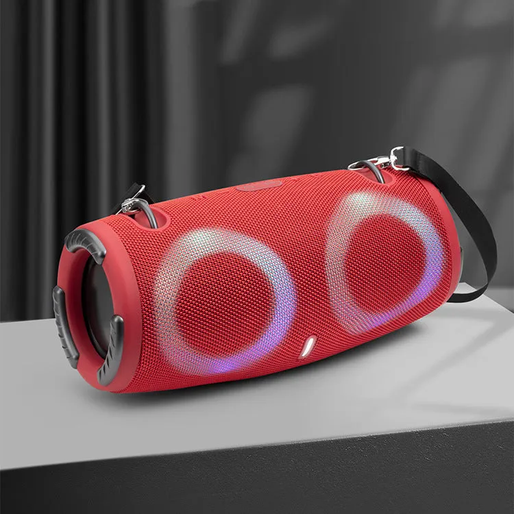 War Drum portable Bluetooth speaker with coloured LED lights in a black finish, showing carrying strap and control buttons.
