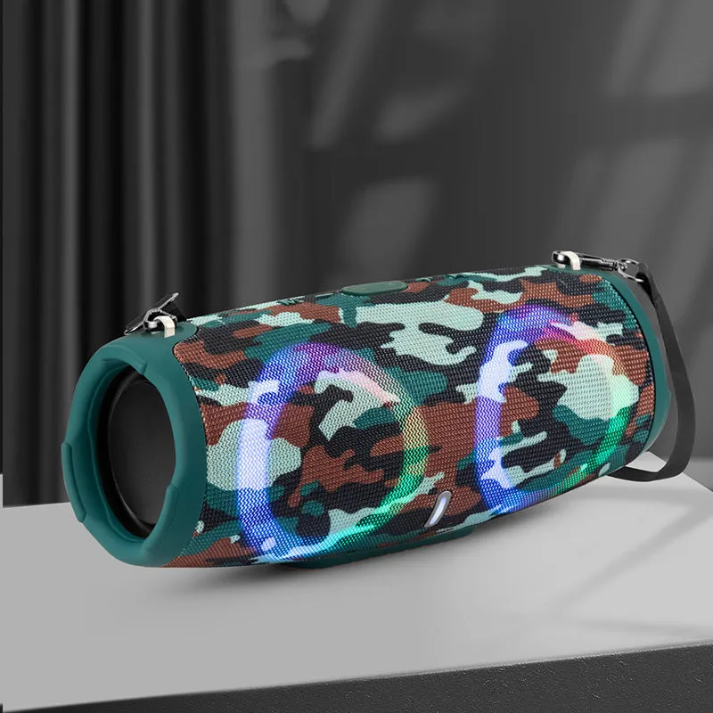 War Drum portable Bluetooth speaker with coloured LED lights in a black finish, showing carrying strap and control buttons.