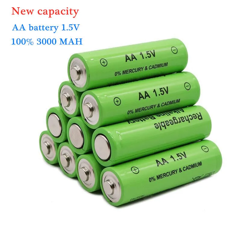 Green AA alkaline rechargeable battery labelled 3000mAh 1.5V.