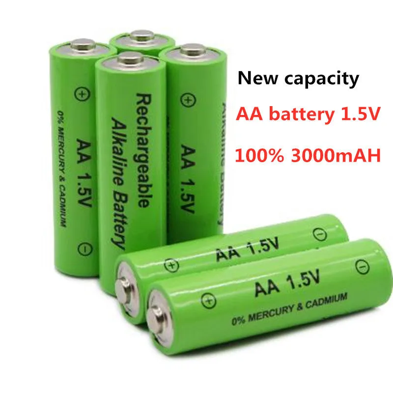 Green AA alkaline rechargeable battery labelled 3000mAh 1.5V.