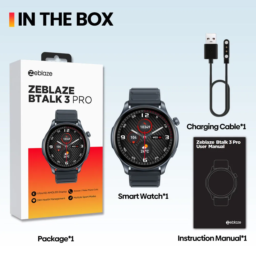 Btalk 3 Pro smart watch in blue, gray and pink colours showing AMOLED display with health metrics