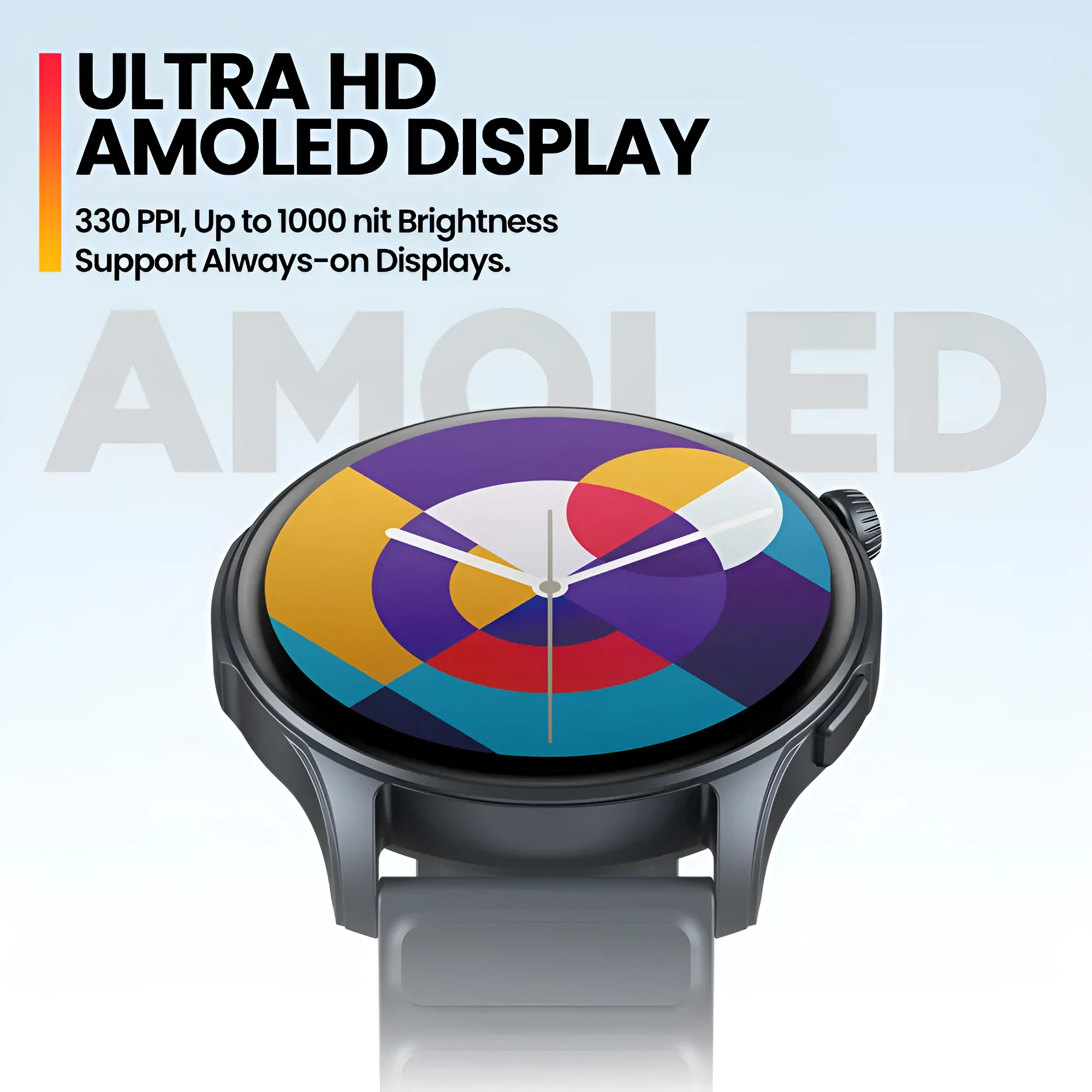 Btalk 3 Pro smart watch in blue, gray and pink colours showing AMOLED display with health metrics