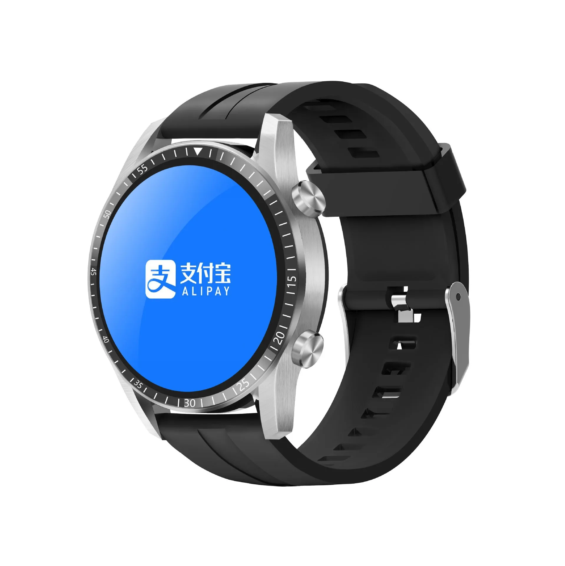 Round smart watch with black aluminium alloy case showing touch screen display with fitness metrics