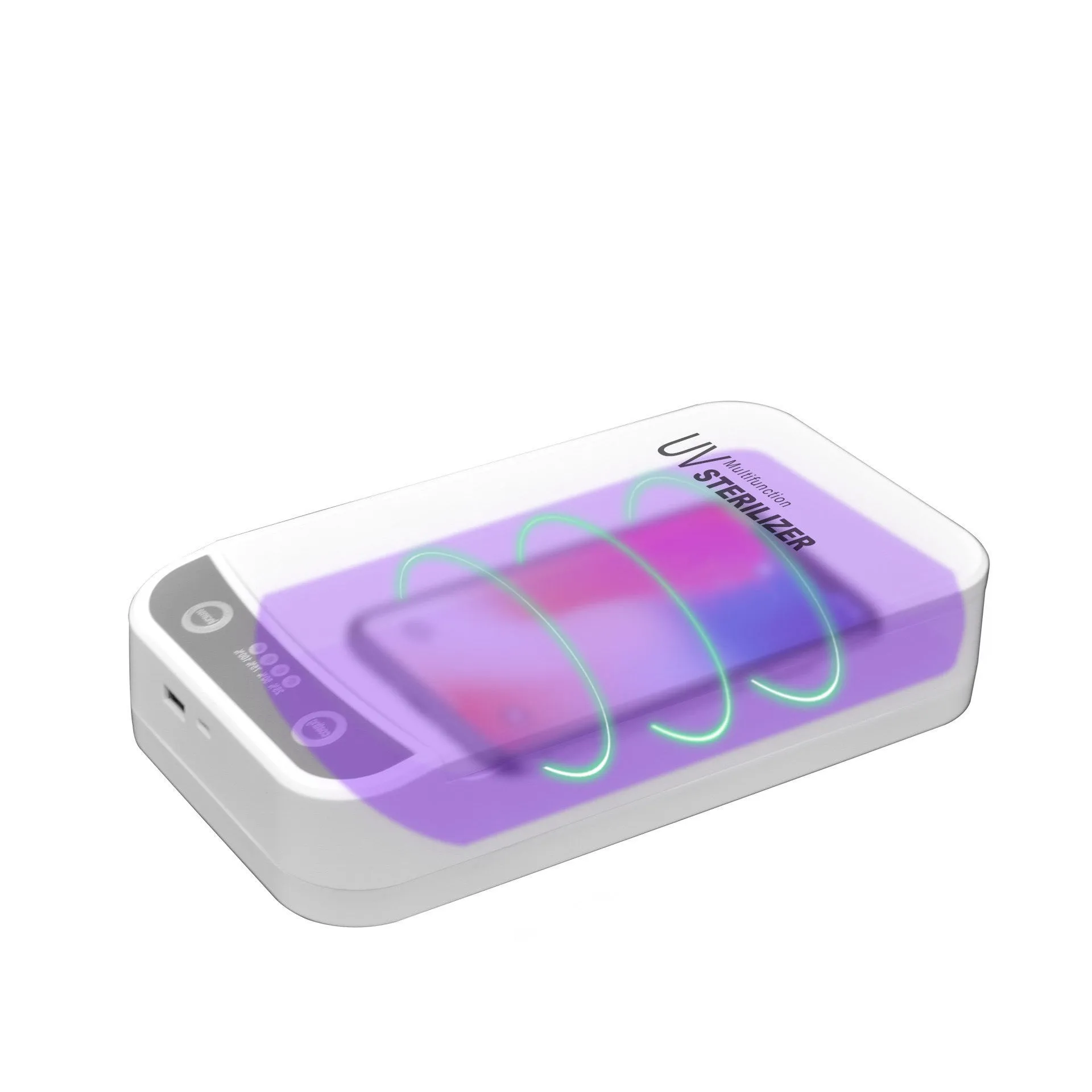 White plastic UV disinfection box open, showing internal chamber and UV lamps for sanitising phones.