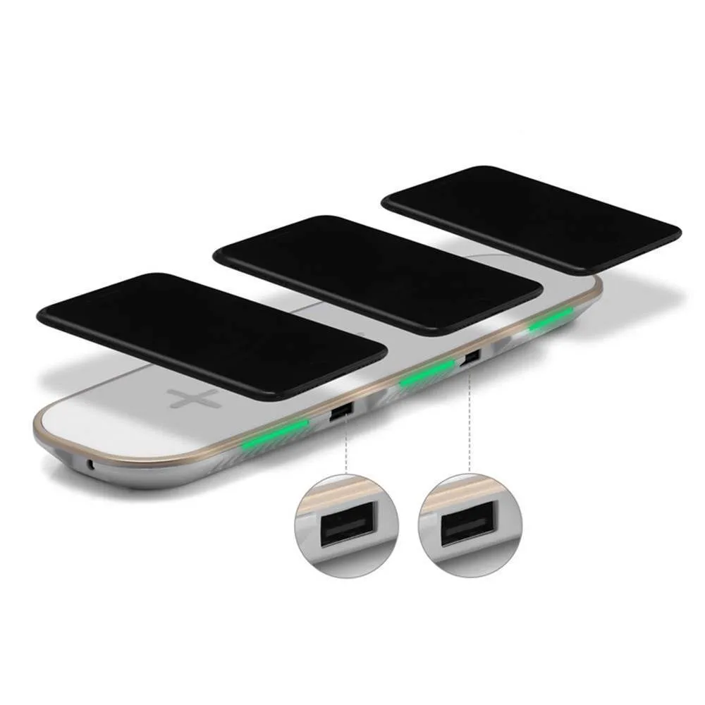 Black and white 3-in-1 wireless charging pad for phone, Apple Watch, and AirPods on a desk.
